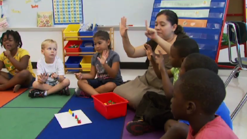 Elementary teracher with students at Roscoe Nix Elementary School in MCPS