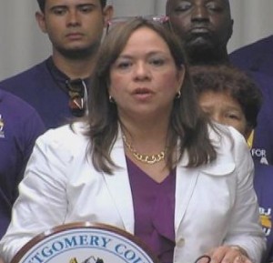 Image of Nancy Navarro speaking at press conference in support of Displaced Workers Bill