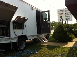 Mobile production van at Victory Comics