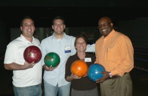 (l:r) Brett Friedman, Peak Investment Advisors, Inc., Gary Aughinbaugh, AETEA Information Technology, Inc., Marilyn Balcombe, Gaithersburg-Germantown Chamber Executive Director and Michael Richardson, Mid-Atlantic Federal Credit Union enjoyed “bowling with a twist” at the 2nd Annual Bowling with the Board. (photo credit: Laura Rowles, GGCC Director of Marketing)