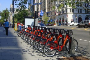 Capital Bikeshare rental station near McPherson Square Metro (WMATA) station, downtown Washington, D.C.