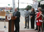 County Councilmember George Leventhal (speaking) and County Executive Ike Leggett on Sept. 9 announced a new initiative to address panhandling in the County and improve safety. “Give a Hand-Up, Not a Hand-Out.”  Also at the launch of the program were Director of Catholic Charities John Enzler, Executive Director of Montgomery County Coalition for the Homeless,  Susan Sinclair-Smith,  and Executive Director of Bethesda Cares Susan Kirk. 