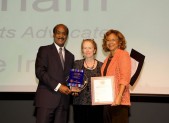 Lifetime Achievment Award winner Busy Graham, Community Arts Advocate, with County Executive and Mrs. Leggett
Photo | Clark W. Day