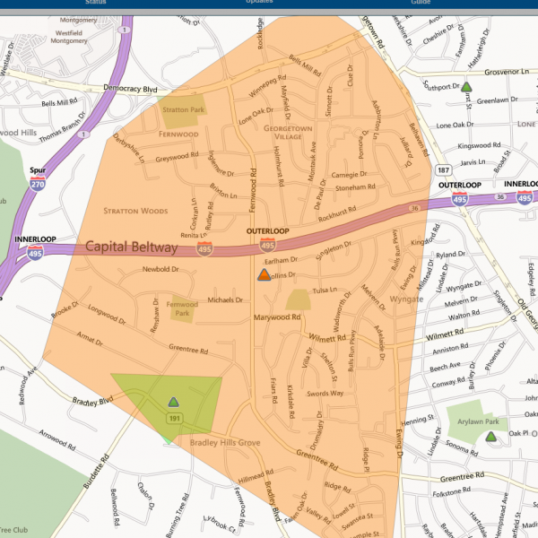 Screen grab of Pepco Outage Map as of 2:25 p.m. on Oct. 10.