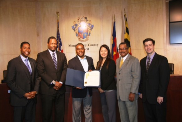 photo of left to right: Council President Craig Rice, who has made support of local businesses a priority during his term; Ralph King, Jr., of Columbia Bank in Rockville; Jerome Leonard of the Taylor-Leonard Corporation in Montgomery Village; Cathy Kim of the Gazette Newspapers; Antonio Doss, district director of the U.S. Small Business Administration; and Merlyn Reineke, executive director of Rockville-based Montgomery Community Media.