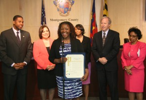 photo of At the ceremonies in Rockville, left to right, were: Councilmembers Craig Rice and Nancy Navarro; Myra Smith, an associate superintendent of Montgomery County Public Schools; and Councilmembers Phil Andrews and Cherri Branson.