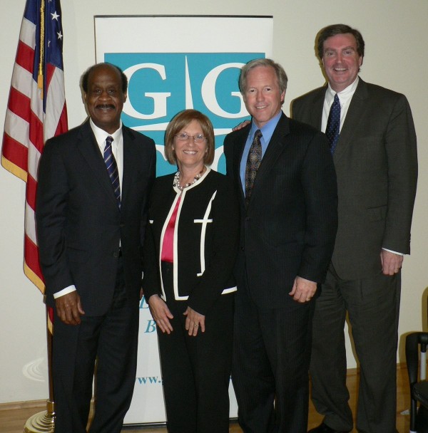 Ike Leggett, GGCC Executive Director Marilyn Balcombe, Phil Andrews and Doug Duncan at the Gaithersburg-Germantown Chamber’s County Executive Primary Forum held at Montgomery College on May 29, 2014.