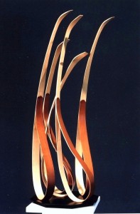 photo of bent wood art piece by Len Harris entitled Gaggle