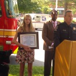 photo of Officer Gamard, Quest, Eva Soderstrom, Craig Rice at ceremony honoring Eva Soderstrom with Citizen's Public Safety Award