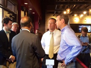 photo of County Executive Ike Leggett talking to Governor O'Malley at Boloco in Bethesda