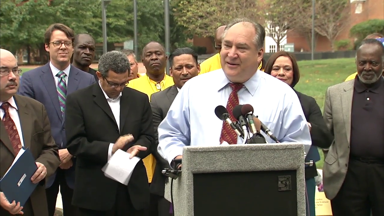 photo of councilmember Marc Elrich at minimum wage rally on October 1, 2014