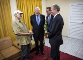 Alan Gross greets Patrick Leahy, D-Vt., Sen. Jeff Flake, R-Az., Sen.and Rep. Chris Van Hollen, D-Md. at an airport near Havana, Cuba, Dec. 17, 2014. Gross was released after 5 years in a Cuban prison. 
(Official White House Photo by Lawrence Jackson)