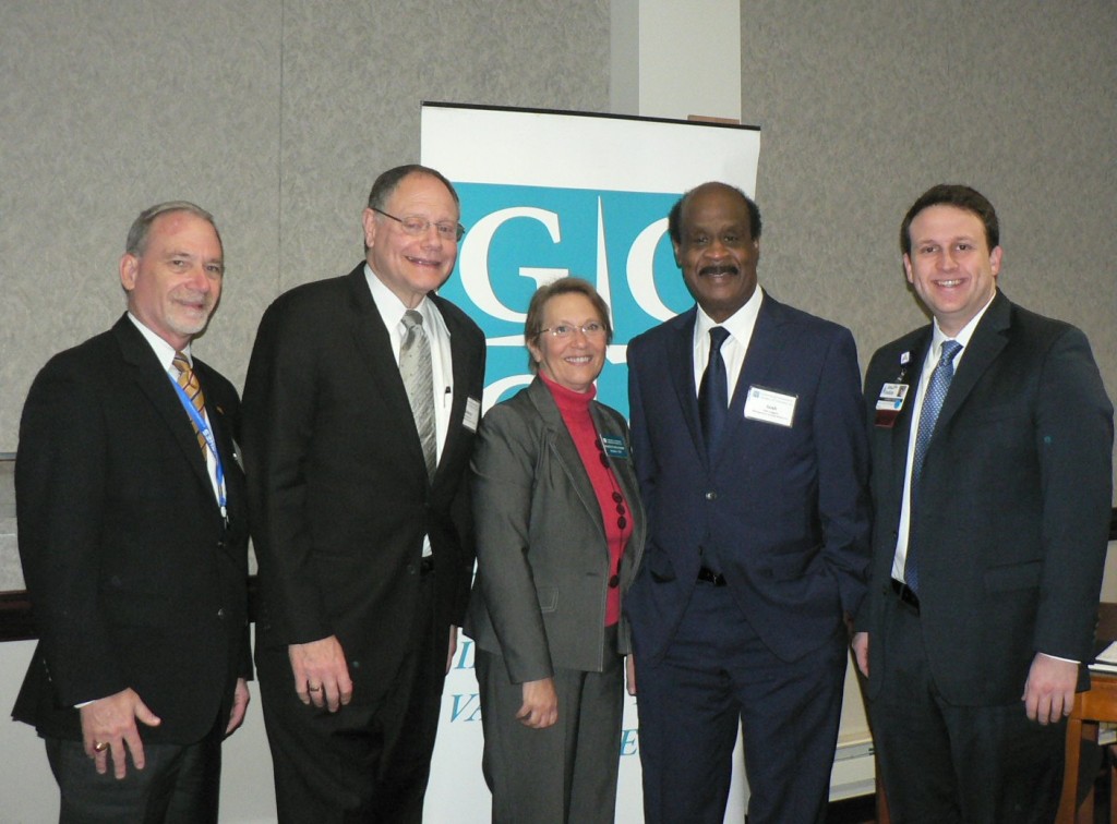 (l:r) Jim Muir, Hughes Network Systems, LLC, County Councilmember Sidney Katz; Marilyn Balcombe, GGCC President/CEO; Montgomery County Executive Isiah “Ike” Leggett and Jonathan Sachs, Director of Public Policy, Adventist HealthCare at the Gaithersburg-Germantown Chamber of Commerce 9th Annual Upcounty Business Breakfast Briefing (Photo Credit: Laura Rowles, GGCC Director of Events & Marketing) 
