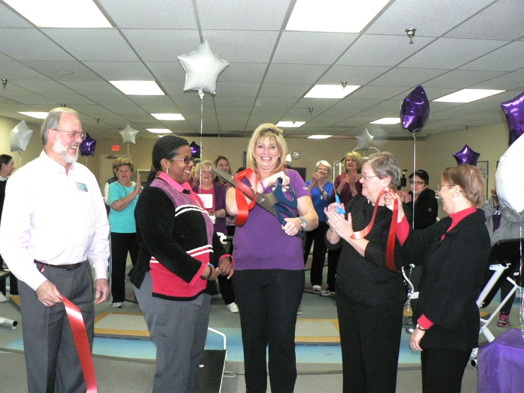 (l:r) Jerry Therrien, President, Therrien Waddell, Inc.; Colette Releford, Marketing Executive; Gazette Newspapers; Faith Zimmerman, Owner of Curves; Cathy Drzyzgula, City of Gaithersburg Councilmember and ; Marilyn Balcombe, GGCC President & CEO at the Gaithersburg-Germantown Chamber conducted Ribbon Cutting Ceremony for Curves in Gaithersburg on January 13, 2015. 