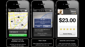 photo of three cell phones displaying process of obtaining an Uber rider