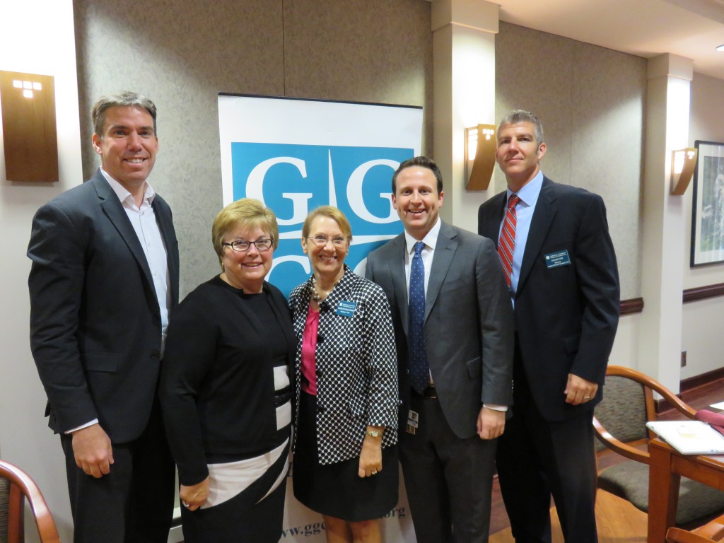 (l:r) Shane Robinson, State Delegate- District 39; Nancy King, State Senator - District 39; Marilyn Balcombe, GGCC President/CEO; Jonathan Sachs, Director of Public Policy, Adventist HealthCare and Adam Cox, Senior Manager - Facilities ,Hughes Network Systems at the Gaithersburg-Germantown Chamber of Commerce 10th Annual Upcounty Business Breakfast Briefing held at Hughes Network Systems on Wednesday, September 30, 2015.  (Photo Credit: Laura Rowles, GGCC Director of Events & Marketing) 
