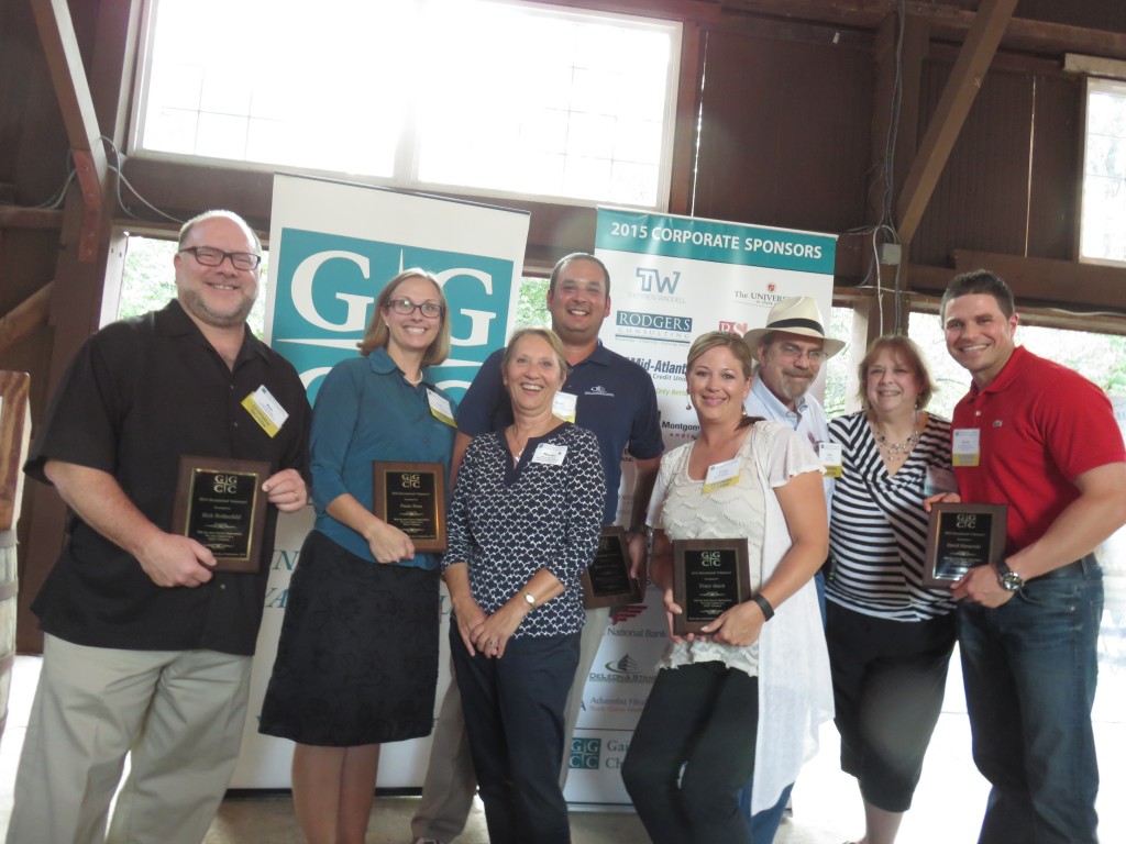 (l:r) Rich Rothschild, Halo Branded Solutions; Paula Ross, Metropolitan Ballet Theatre and Academy; Marilyn Balcombe, Gaithersburg-Germantown Chamber of Commerce Executive Director; Brett Friedman, DeLeon & Stang, CPAs & Advisors; Tracy Quick, Therrien Waddell, Inc; John & Robyn Quinter, Quinter Design and David Hamerski, Shannon & Luchs Insurance Agency Inc. receive Exceptional Volunteer awards at the GGCC Annual Membership & Volunteer Picnic on September 17, 2015.  (Photo credit – Laura Rowles, GGCC Director of Events & Marketing) 