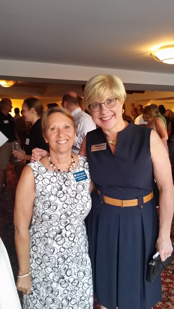 (l:r) Marilyn Balcombe, Gaithersburg-Germantown Chamber of Commerce President & CEO and Elizabeth Cromwell, Frederick County Chamber of Commerce President & CEO at an “Evening of Networking” – Chambers Join Forces on September 9, 2015 at the Comus Inn.   (Photo credit – Laura Rowles, GGCC Director of Events & Marketing) 