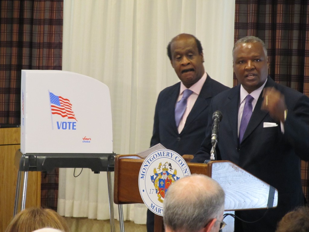 Montgomery County Executive Isiah “Ike” Leggett (left) and Prince George’s County Executive Rushern Baker kick-off a public awareness campaign regarding new voting machines to be used in the 2016 presidential election.  The event took place on September 22 at Riderwood retirement community.