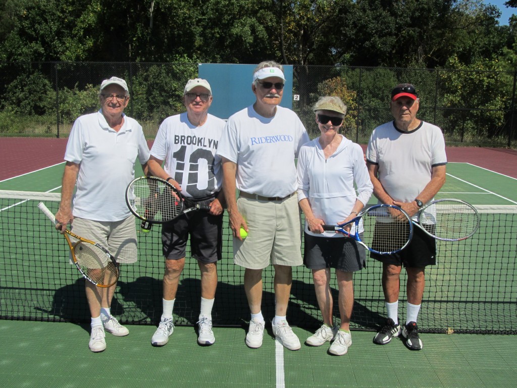 Team Riderwood comes together following the Erickson Living Tennis Tournament on September 9.  Pictured from left to right are Paul Johnson, Joel Sarnoff, Charles Slaugh, Norma Slaugh and Ed Milligan.  Team members Susan Rogers and Jim Morgan were not available for the photograph.