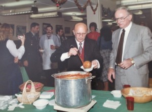 Harry dishes out chili for a guest at one of his annual office Christmas parties. A co-worker made the chili each year, and I've been told it was the highlight of the party. Many in the Pentagon regularly attended, as well as out-of-towners.