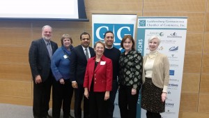 (l:r) Jerry Therrien, Owner, Therrien Waddell, Inc.; Robyn Quinter, President, Quinter Design; Devang Shah, Partner, Shah & Kishore; Marilyn Balcombe, GGCC Executive Director; Shahab Kaviani, Co-founder, Breezio; Eileen Cahill, Vice President Government & Community Affairs, Holy Cross Health; Martha Schoonmaker, Executive Director, Hercules Pinkney Life Sciences Park - Montgomery College at the GGCC Entrepreneur Breakfast Series on Wednesday, February 10, 2016. (photo credit: Laura Rowles, GGCC Director of Events & Marketing) 