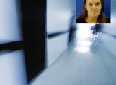 Hospital corridor with photo of Catherine Hoggle