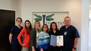 (l:r) Megan Harney, Surgical Assistant; Loran Harney, Business Coordinator; Laura Steinberg, Patient Coordinator; Joyce Lynch, Patient Coordinator; Lisa Ryan, Practice Coordinator and Dr. James M. Ryan, DDS, MS celebrate the grand opening of their new office - Evolution Oral Surgery, LLC-  with a GGCC conducted Ribbon Cutting Ceremony on April 25, 2016.  (photo credit: Laura Rowles, GGCC Director of Events & Marketing) 