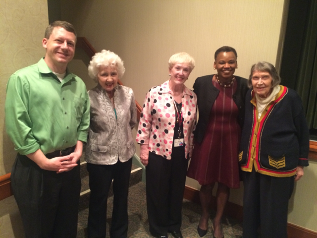 The resident-led Democratic Club of Riderwood retirement community hosted State Delegates Eric Luedtke and Pam Queen for a legislative update on May 11.  Pictured from left to right are Delegate Luedtke, Millie Bluestein, Lyn Doyle, Delegate Queen and Anna Owens.