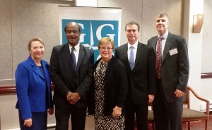 (l:r) Marilyn Balcombe, GGCC President/CEO; Isiah “Ike” Leggett, Montgomery County, County Executive;  Nancy King, State Senator - District 39; Brian Feldman, State Senator- District 15 and Adam Cox, Senior Manager - Facilities ,Hughes Network Systems at the Gaithersburg-Germantown Chamber of Commerce 11th Annual Upcounty Business Breakfast Briefing held at Hughes Network Systems on Tuesday, October 4, 2016.  (Photo Credit: Laura Rowles, GGCC Director of Events & Marketing)