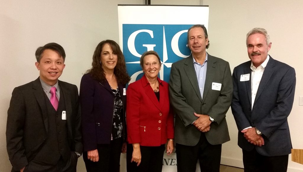 (l:r) David Nguyen, Founder/CEO of United Solutions; Michelle Beiga, Principal, Today’s HR, LLC; Marilyn Balcombe, Gaithersburg-Germantown Chamber Executive Director; Rusty Davis, Principal, Davis & Associates, P.A. & Tom Plant, Managing Partner, Paul Davis Restoration & Remodeling at the GGCC Entrepreneur Breakfast Evolution is Essential for Entrepreneurs on October 13, 2016. (photo credit: Laura Rowles, GGCC Director of Events & Marketing)